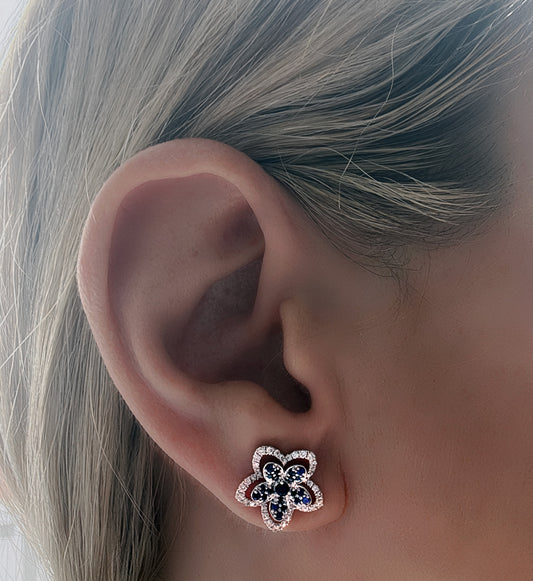 18K White Gold Sapphire & Diamond Flower Stud Earrings
