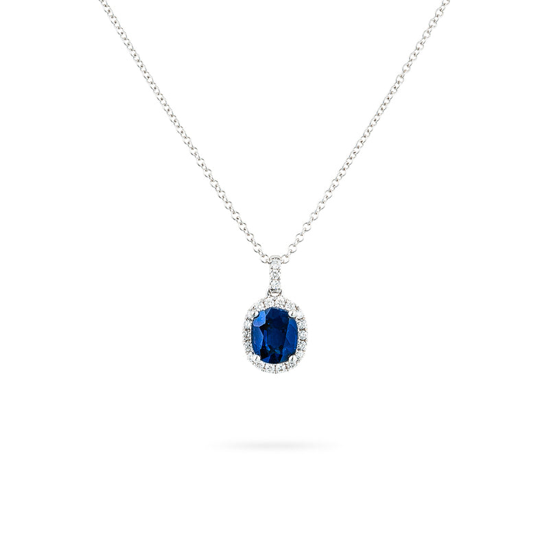 Oval sapphire and halo diamond necklace