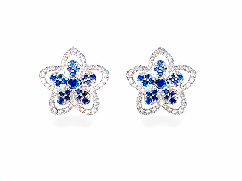 18K White Gold Sapphire & Diamond Flower Stud Earrings
