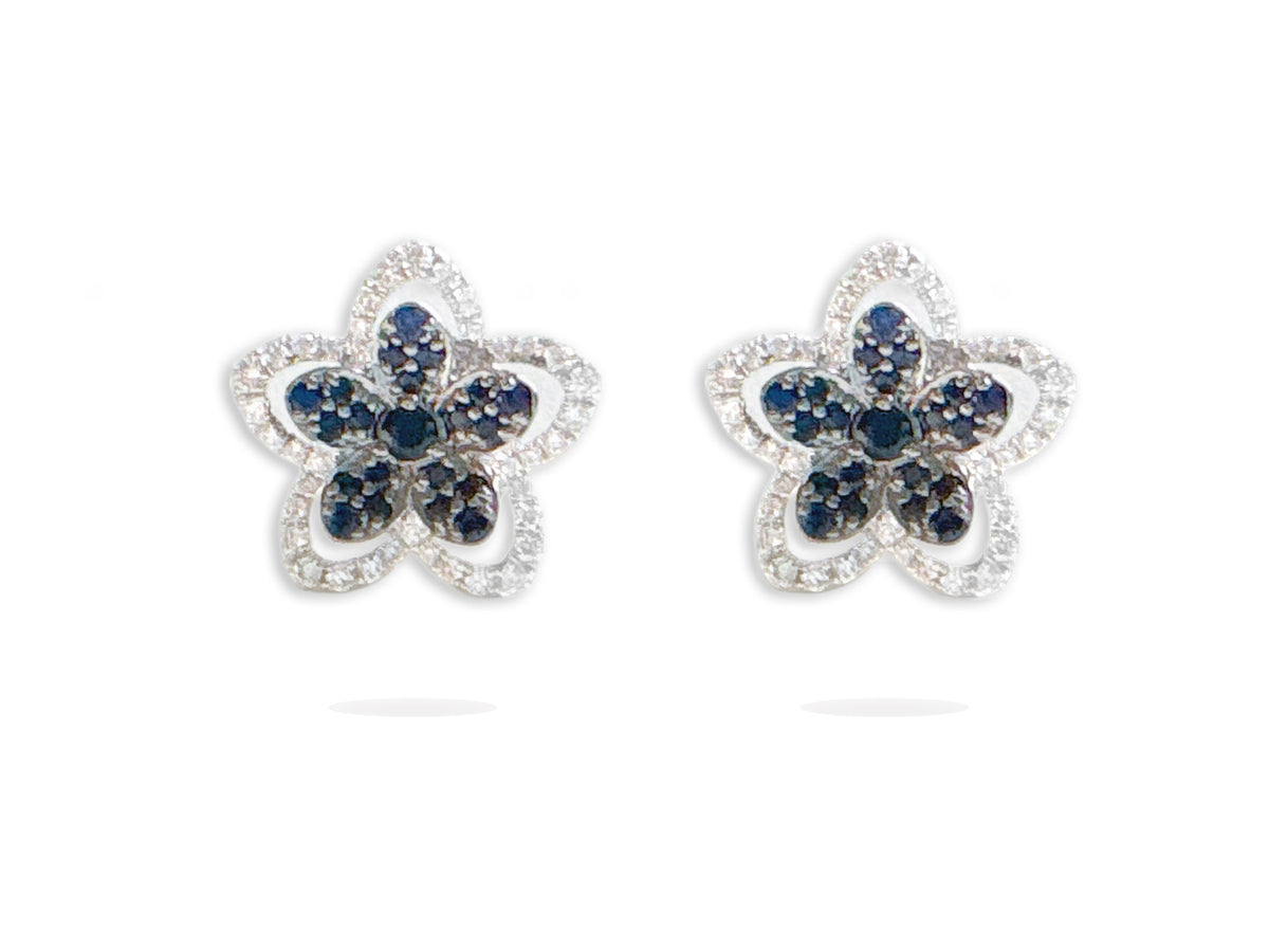 18K White Gold Sapphire & Diamond Flower Stud Earrings