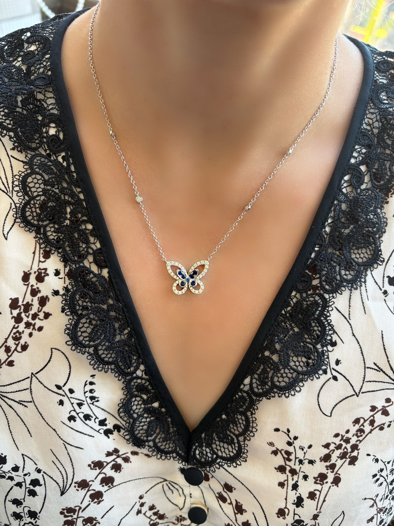 18K White Gold Sapphire and Diamonds (Butterfly) Necklace