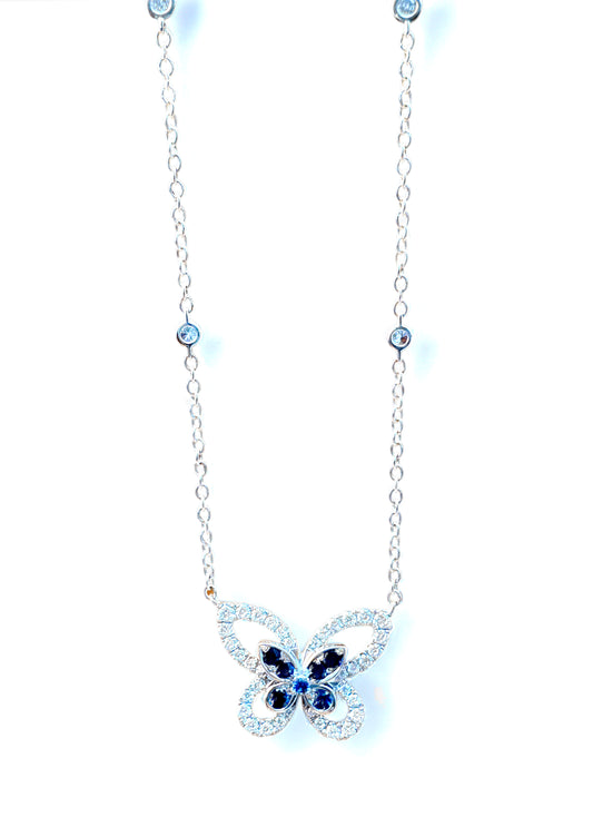 18K White Gold Sapphire and Diamonds (Butterfly) Necklace