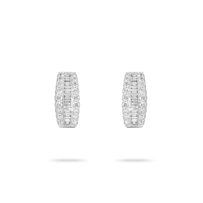 Baguette & Round Brilliant Diamond Hoop Earrings in 14K White Gold