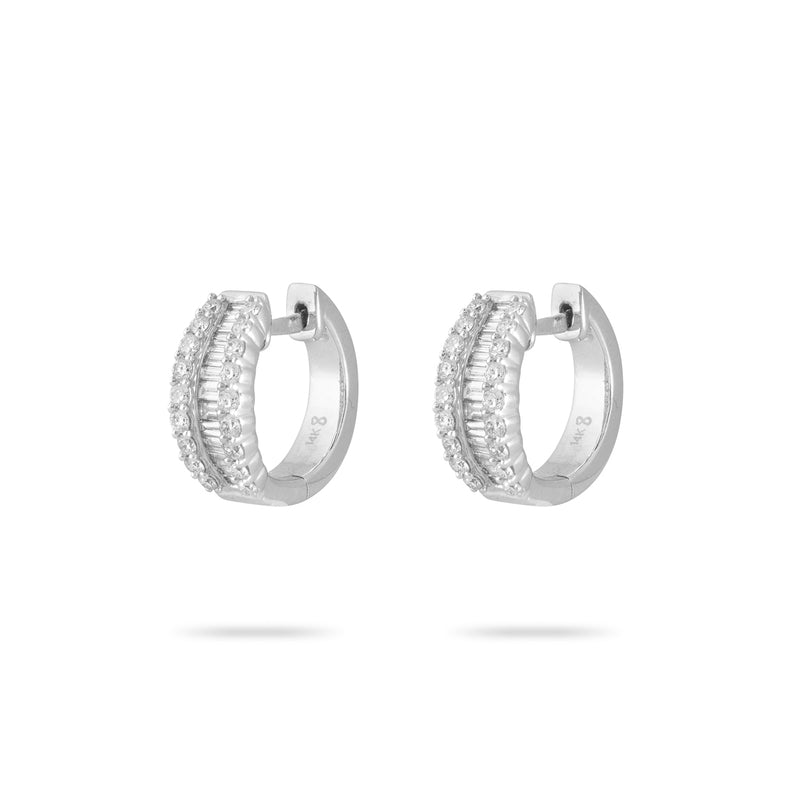 Baguette & Round Brilliant Diamond Hoop Earrings in 14K White Gold