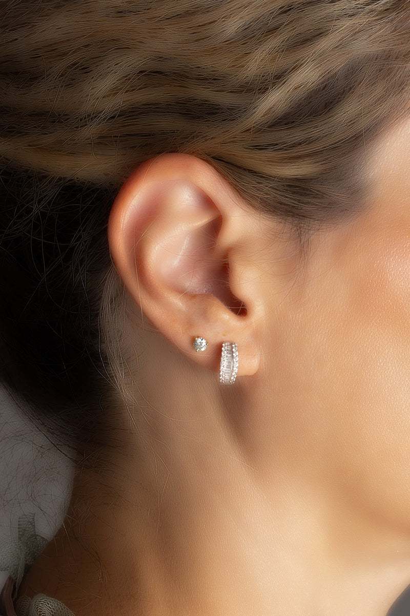 Baguette & Round Brilliant Diamond Hoop Earrings in 14K White Gold