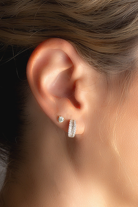 Baguette & Round Brilliant Diamond Hoop Earrings in 14K White Gold